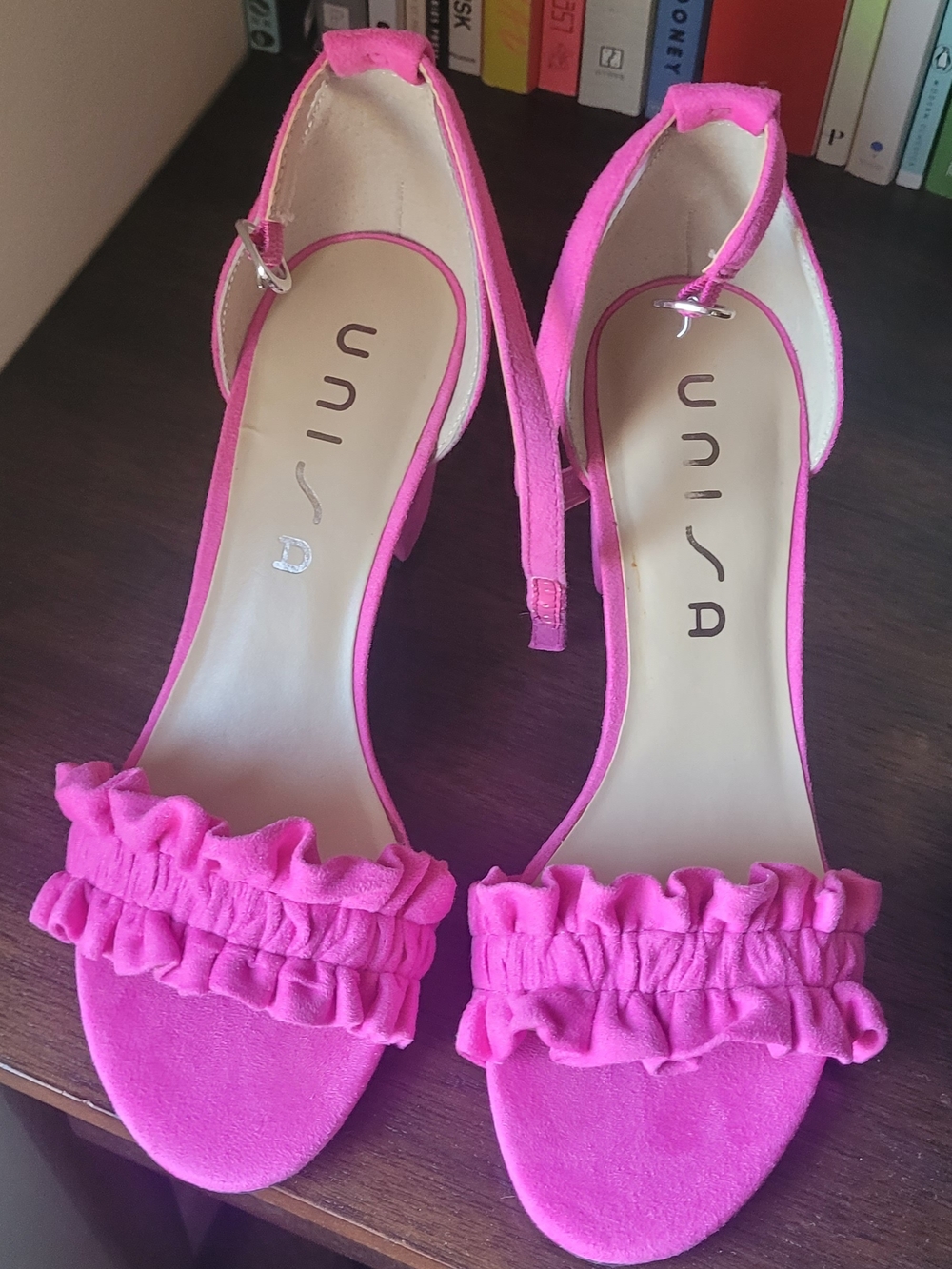 UNISA Pink Ruffle Ankle-Strap Dress Sandals